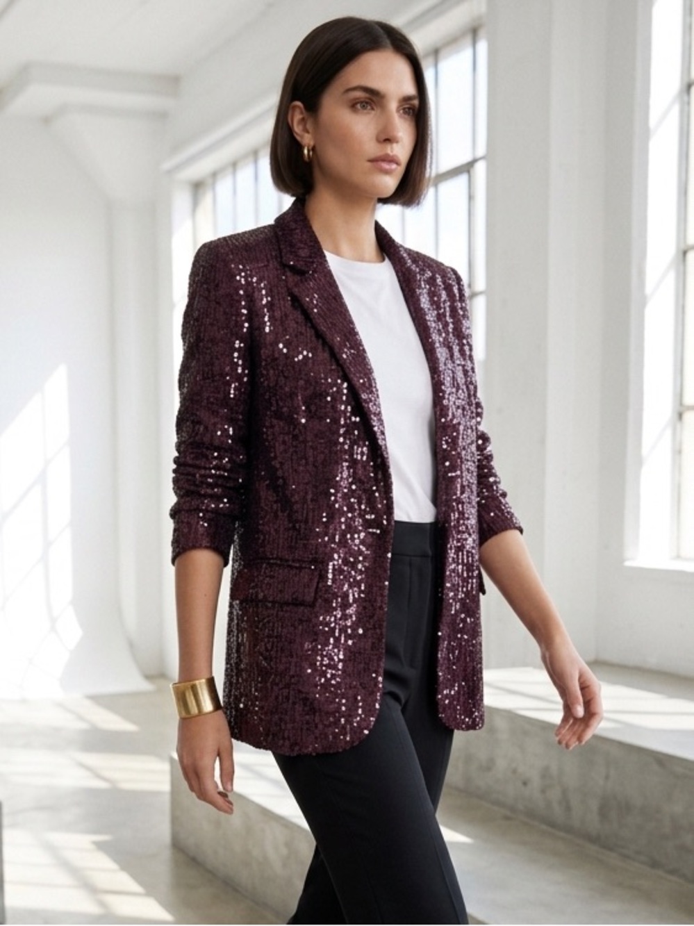 Mango NWT Deep Plum Sequin Suit Blazer Jacket XS